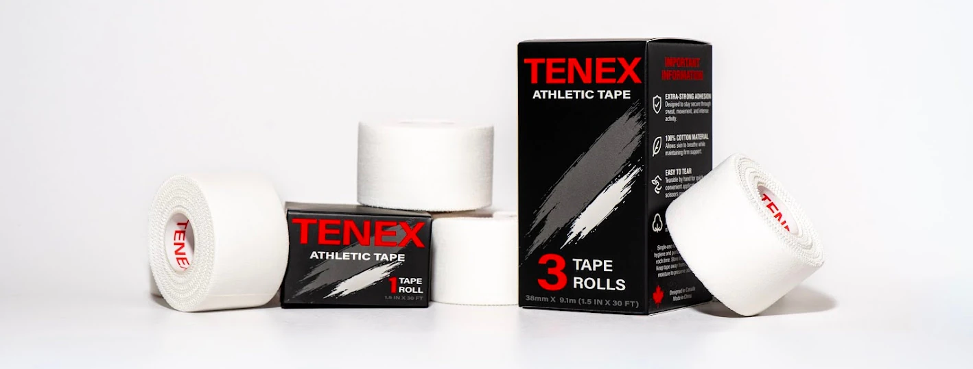 Tenex Athletic Tape, the single roll box and the 3 pack box with loose rolls